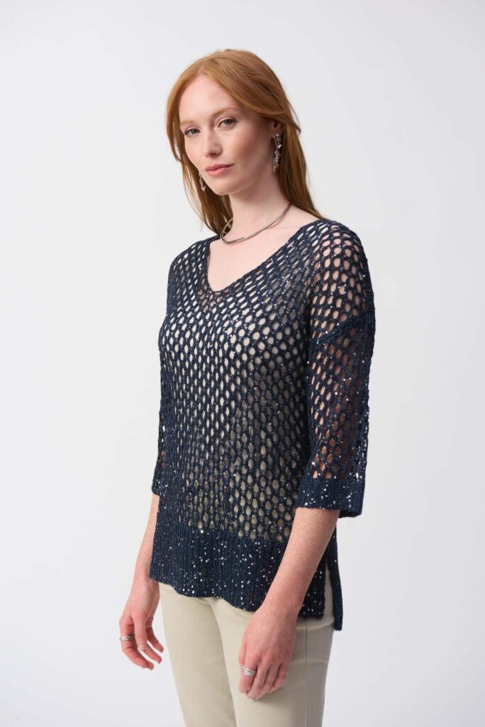 JOSEPH RIBKOFF Open Stitch Sweater with Sequins in Midnight Blue
