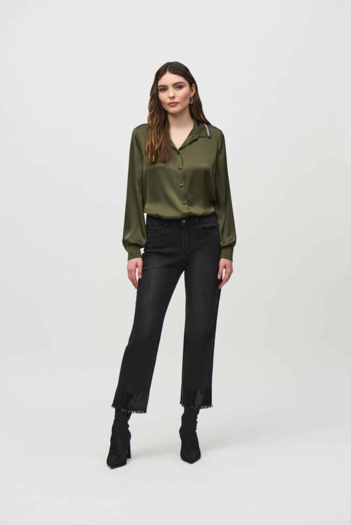 JOSEPH RIBKOFF Straight Crop Denim Pants with Sequin Trim