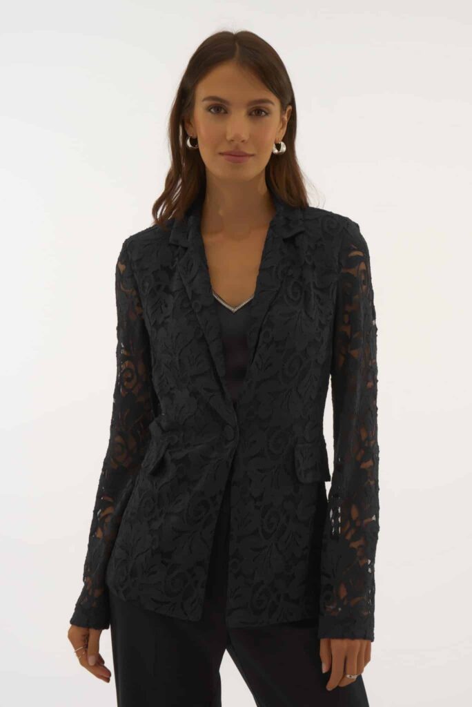 Joseph Ribkoff Signature | Stretch Lace Fitted Blazer Black