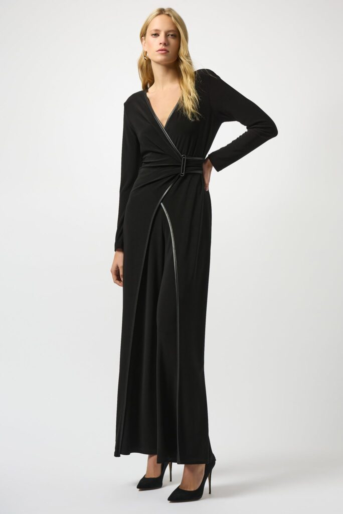 Joseph Ribkoff Silky Knit & Leatherette Wide-Leg Jumpsuit