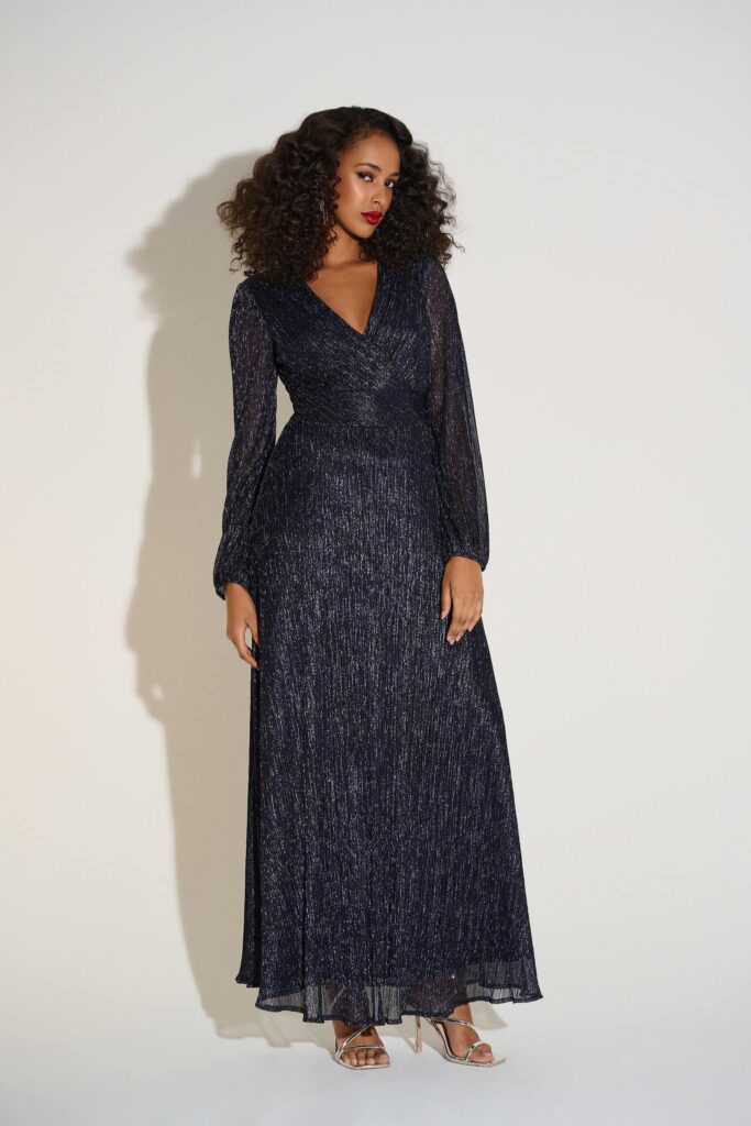 Joseph Ribkoff – Signature | Lurex Plissé Mesh Wrap-Front Gown