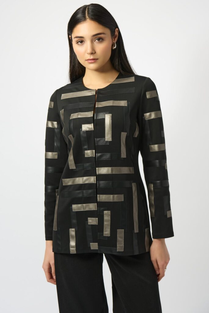 Joseph Ribkoff Scuba & Leatherette Collarless Jacket