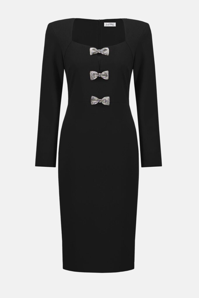 Joseph Ribkoff Scuba Crepe Sheath Dress With Rhinestone Bows