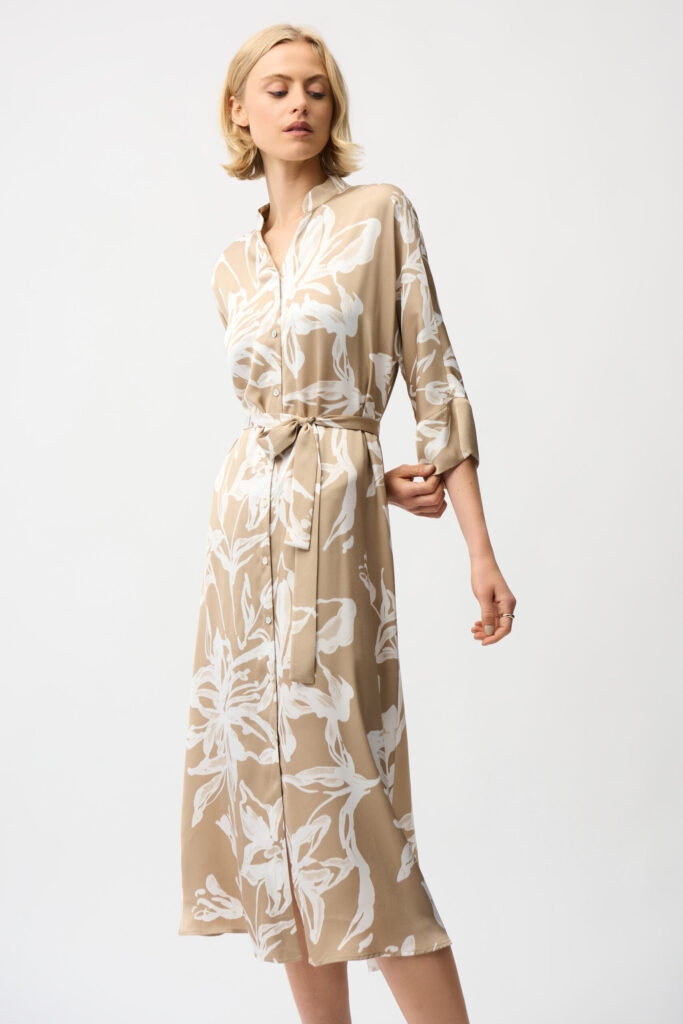 Joseph Ribkoff Recycled Satin Floral Print Trapeze Shirt Dress With Sash