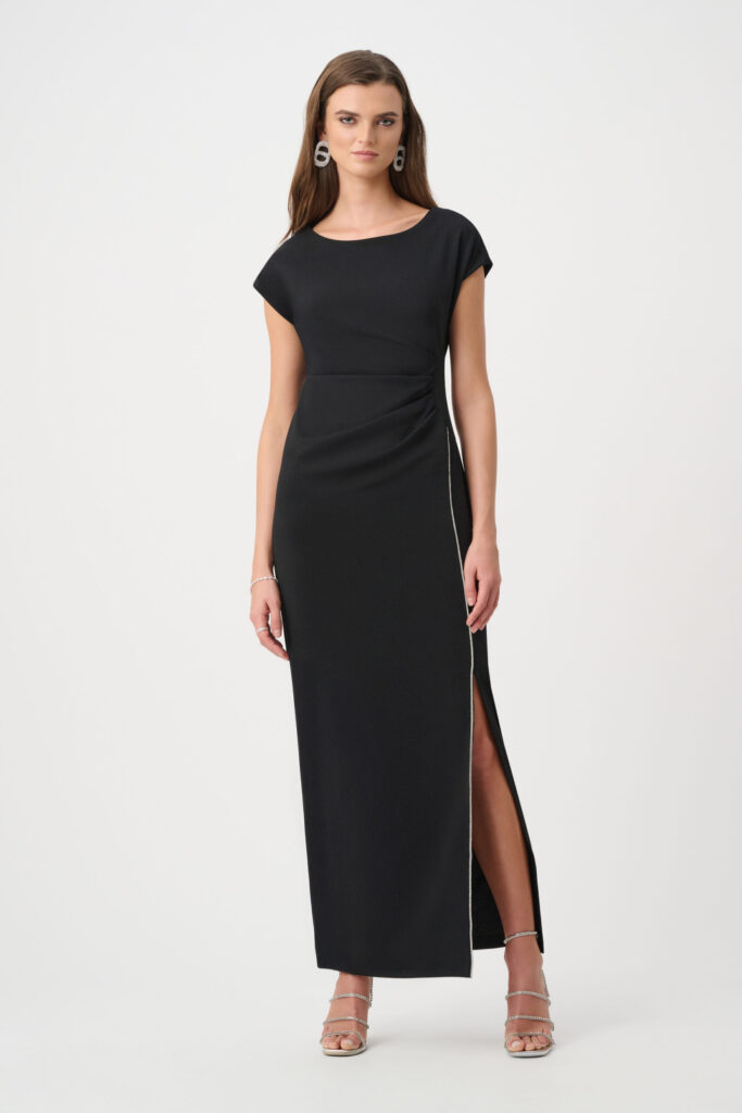 Joseph Ribkoff Signature | Scuba Crepe Sheath Gown With Rhinestones Piping