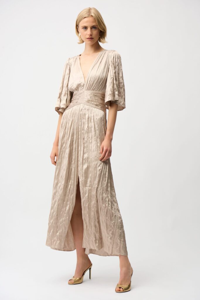 Joseph Ribkoff Satin Fit and Flare Pleated Dress with Knot Waist Detail