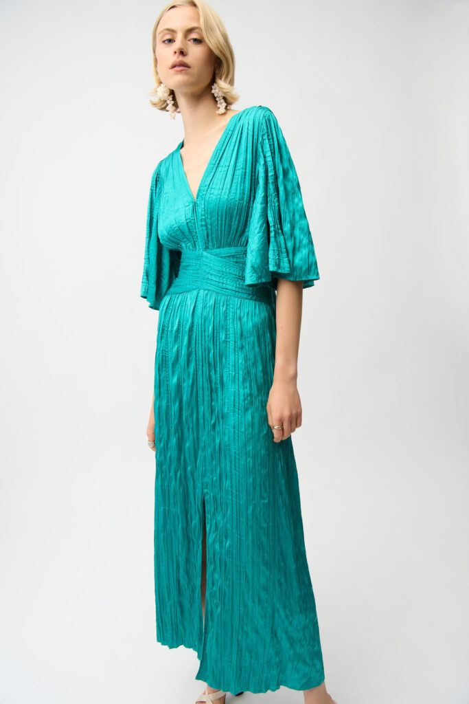 Joseph Ribkoff Satin Fit and Flare Pleated Dress with Knot Waist Detail