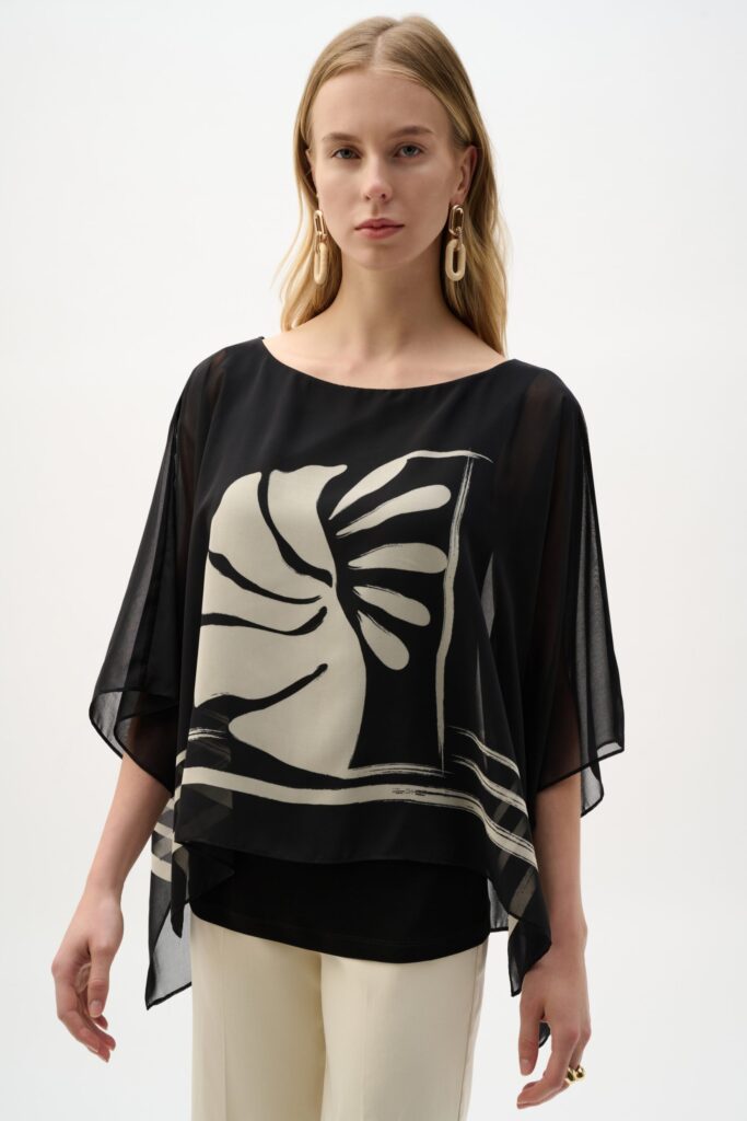 Joseph Ribkoff Sheer Woven Tropical Print And Silky Knit Poncho Top