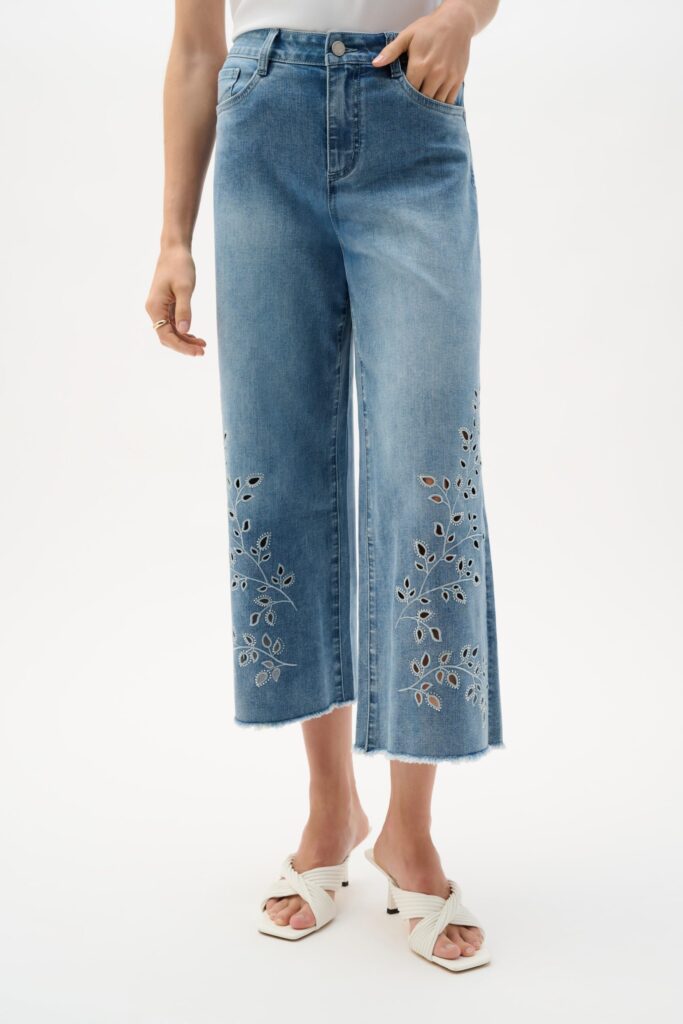 Joseph Ribkoff Denim Wide Leg Crop Jeans With Embroidery