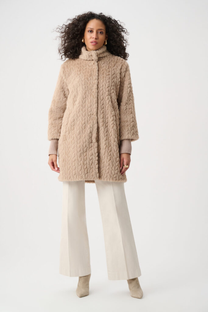 Joseph Ribkoff Textured Faux Fur Mock-Neck Coat