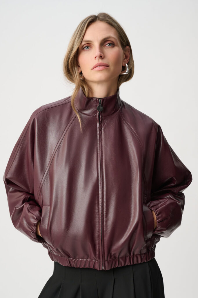 Joseph Ribkoff Leatherette Mock-Neck Bomber Jacket