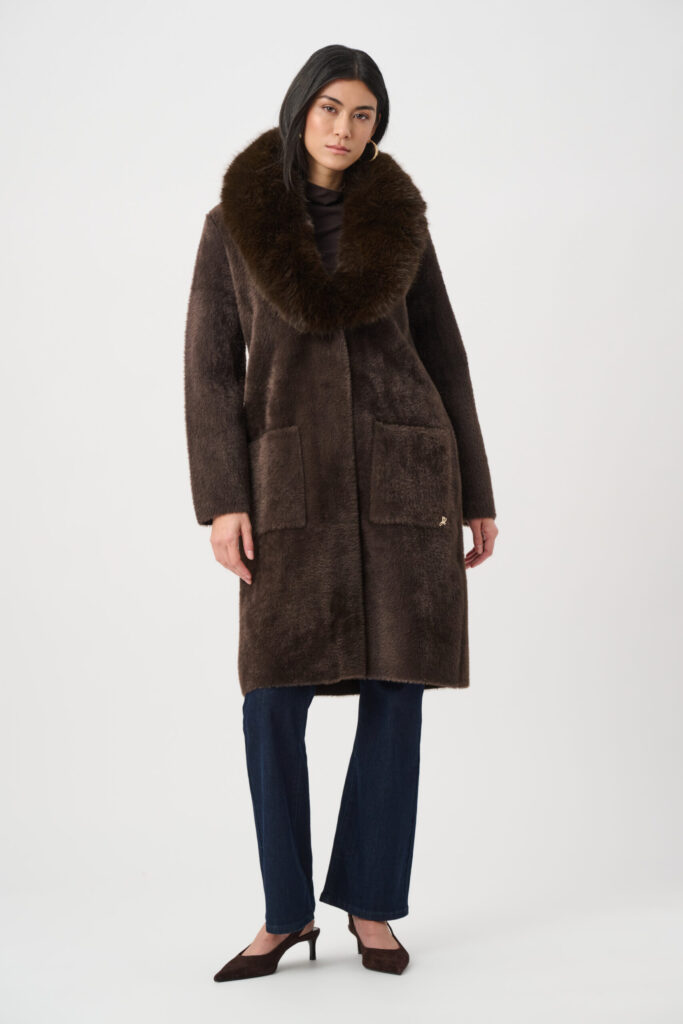 Joseph Ribkoff Feather Yarn Knit Coat With Detachable Faux Fur Collar