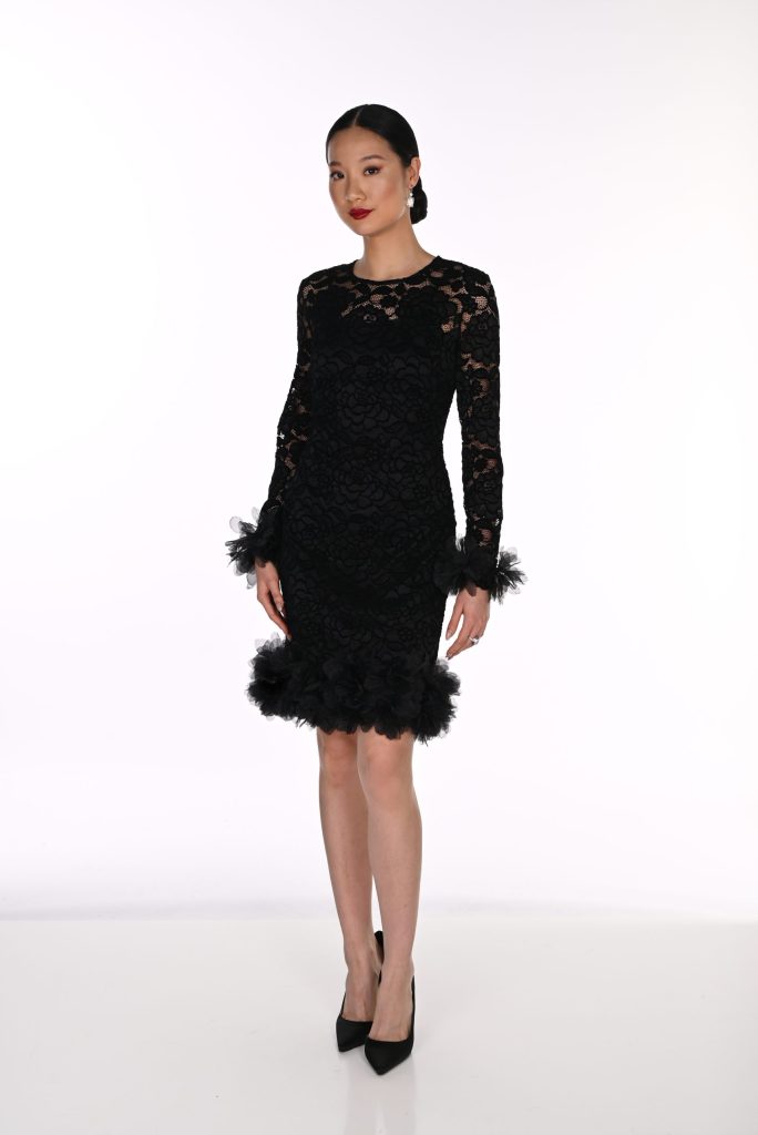 Frank Lyman Black Lace Feather Trim Dress- Black