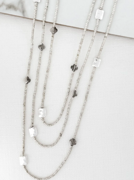 ENVY Long 3 Layer Seed Bead Necklace – Silver