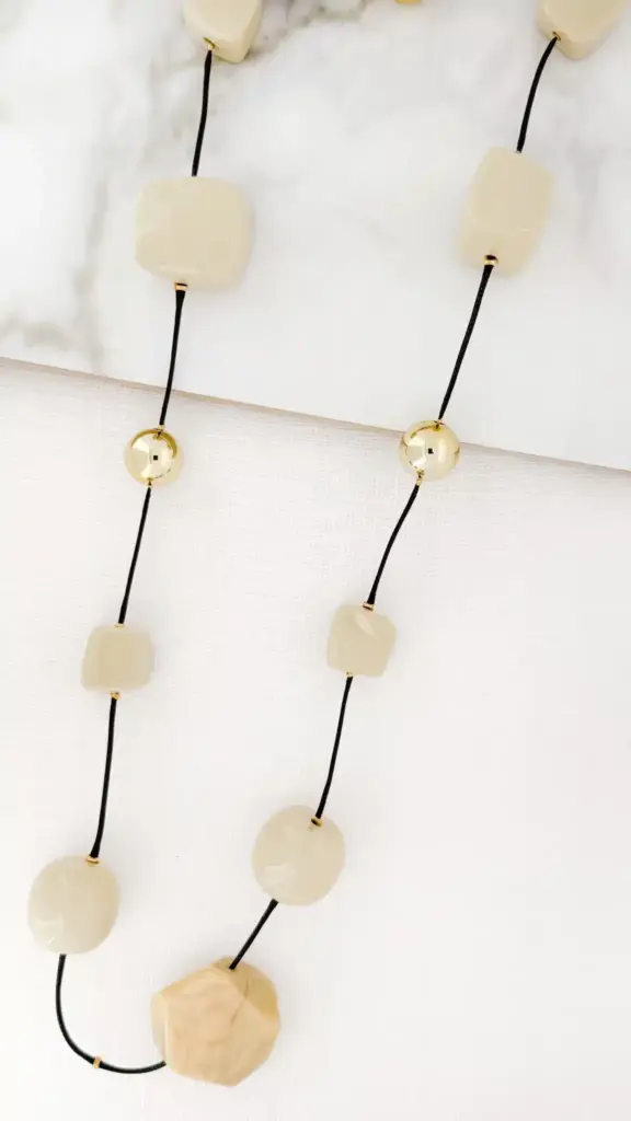 Envy Jewellery | Long black cord necklace with gold and taupe resin beads