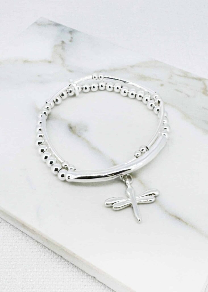 Envy Silver Tone Beaded Bangle Bracelet with Cross Charm