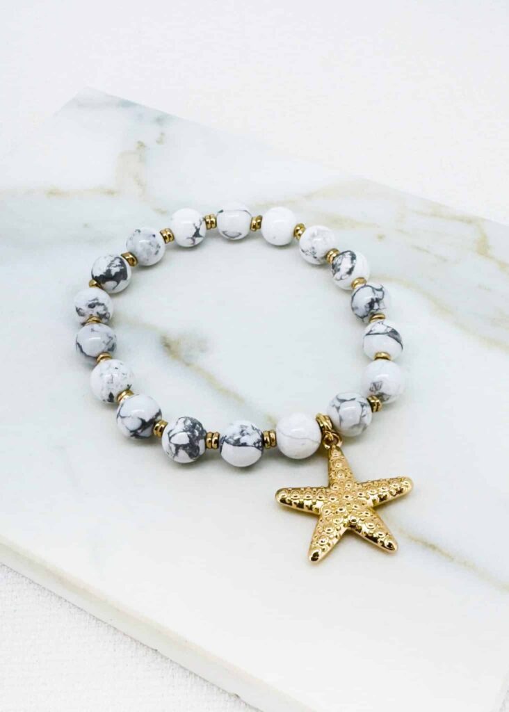 Envy Jewellery White Marble Bead Bracelet with Gold Starfish Charm