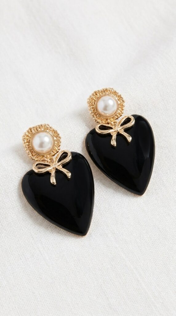 Envy Black Heart & Pearl Bow Drop Earrings