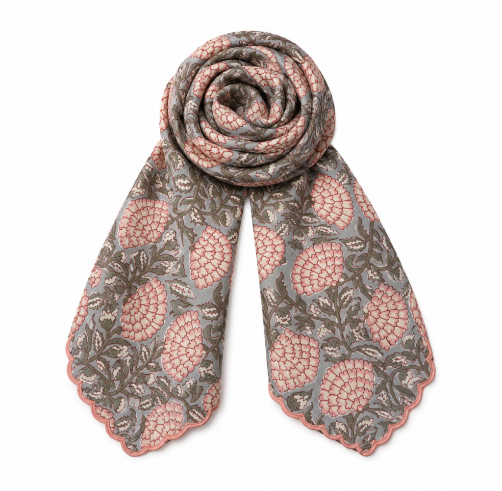 Black Colour Flora Mini Scarf- Grey & Pink
