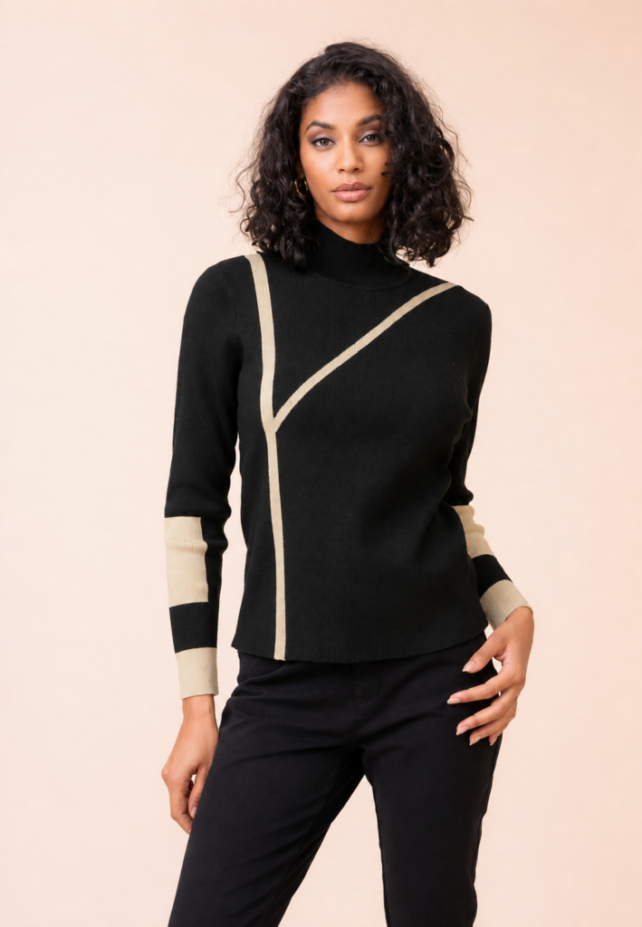 Alison Sheri Black Geometric Ribbed Knit Jumper
