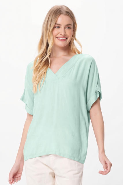 Suzy D Kashmir Crepe Front Jersey Back V Neck Tee seafoam