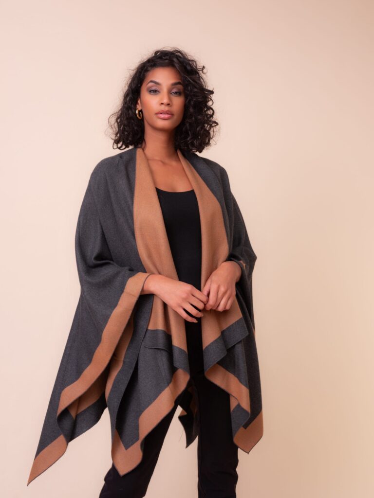 Alison Sheri Reversible Knit Cape – Tan & Grey