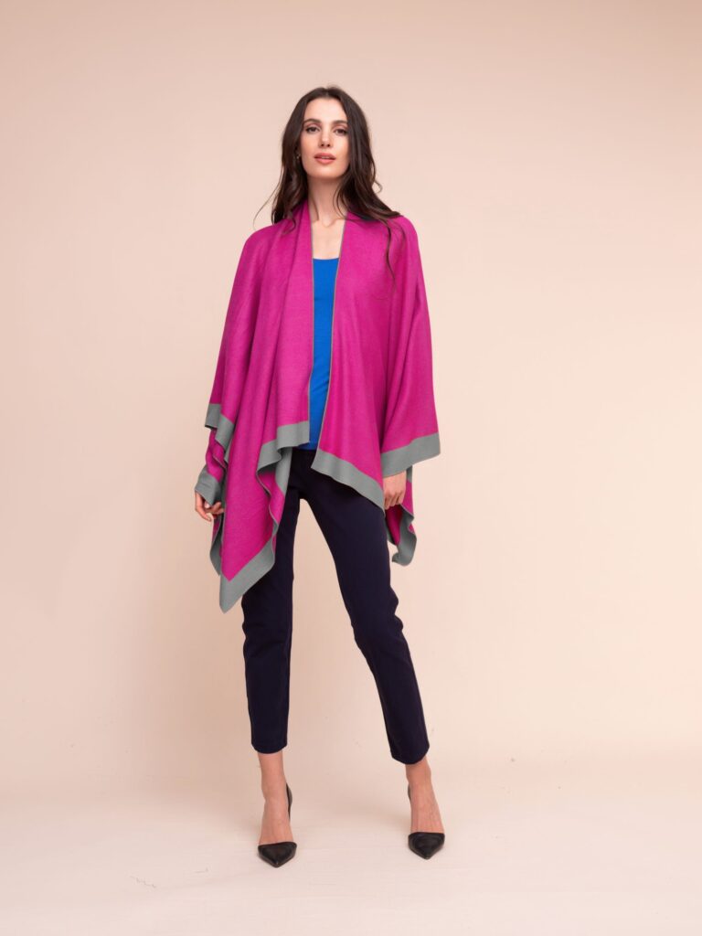 Alison Sheri Reversible Knit Cape – Grey & Fuchsia Pink