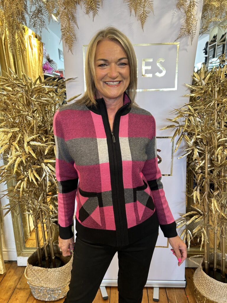 Alison Sheri Fuchsia Multi Check Knit Zip Cardigan