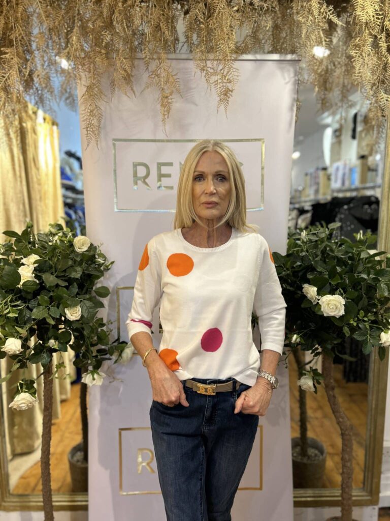 Alison Sheri WHITE PINK ORANGE CIRCLE Sweater