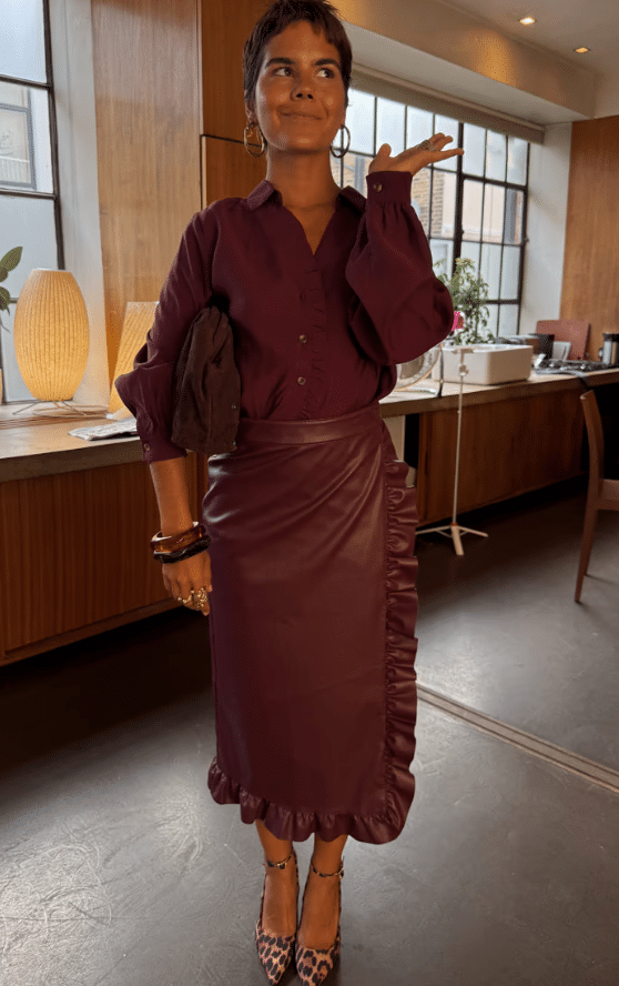 Never Fully Dressed Wine Vegan Leather Ruffle Jaspre Skirt