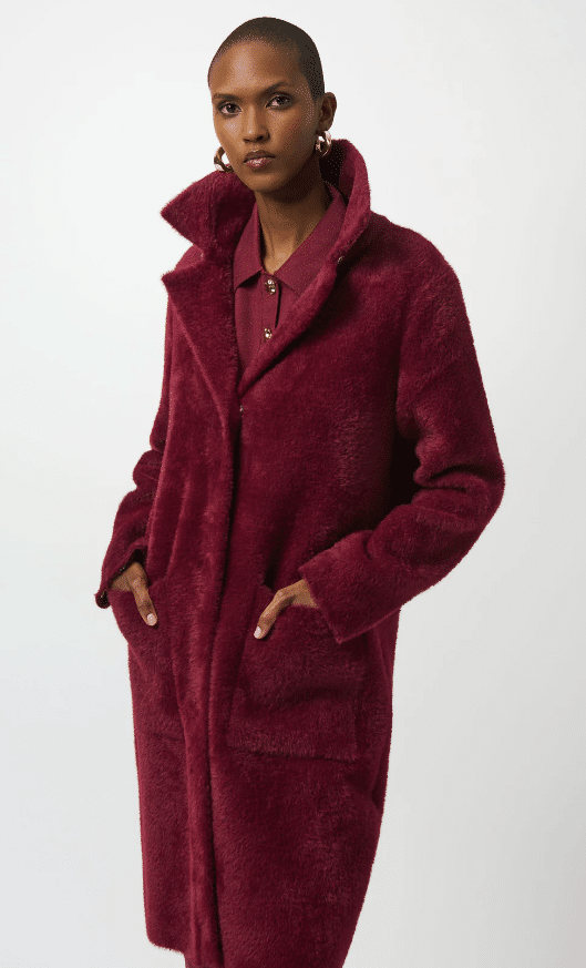 Joseph Ribkoff FEATHER YARN FAUX FUR COAT- MERLOT