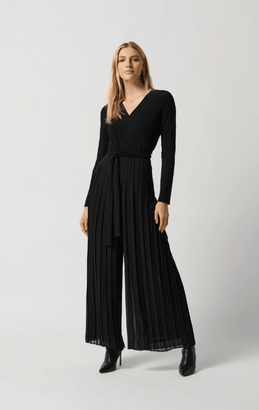 Joseph Ribkoff BLACK PLEATED CHIFFON WIDE-LEG WRAP JUMPSUIT