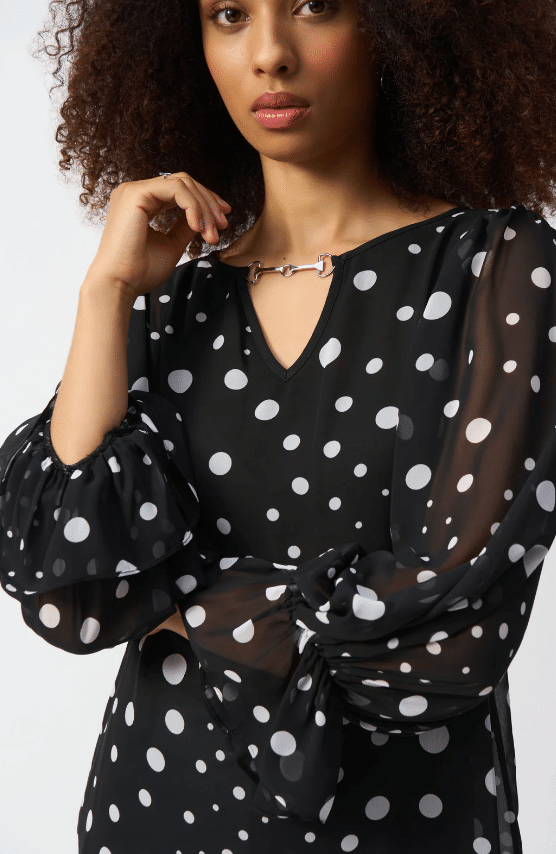 Joseph Ribkoff CHIFFON DOT PRINT BOXY TOP -BLACK & VANILLA