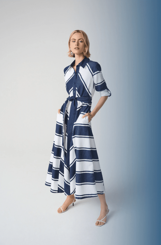 Cotton Stripe Print Fit and Flare Shirt Dress with Reversible Sash
