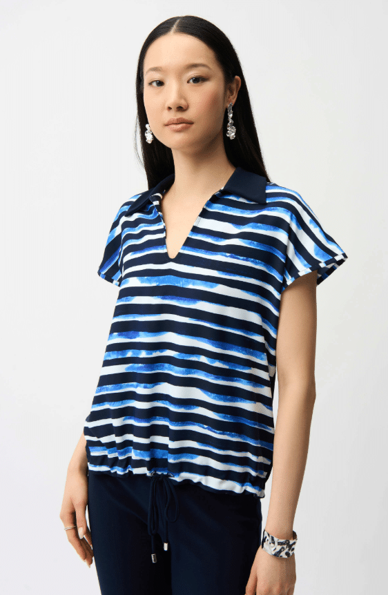 Joseph Ribkoff Recycled Woven Stripe Print Cocoon Top With Silky Knit Back