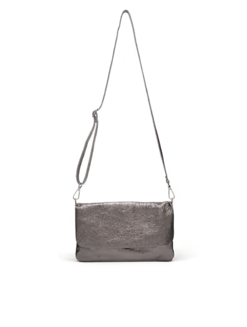 Suzy D Milano Shimmer Leather clutch bag With Fold Over Styling In Grey