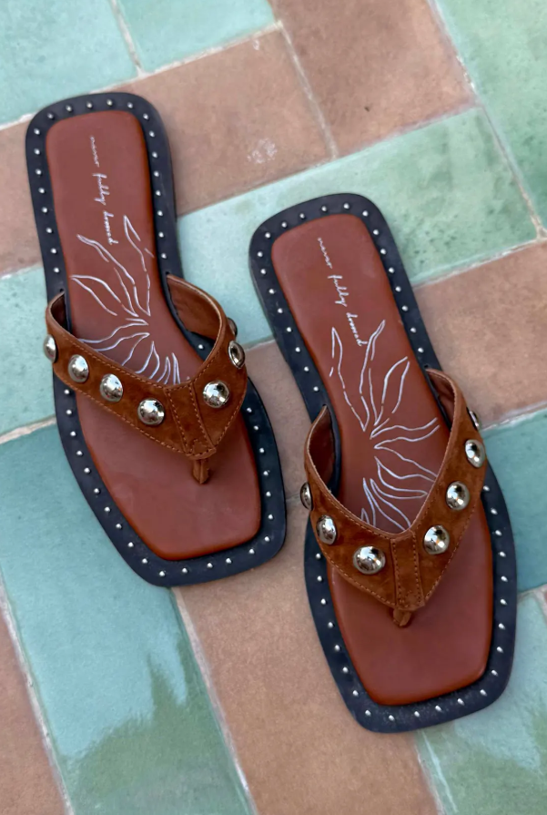 Never Fully Dressed Tan Leather Stud Sandals