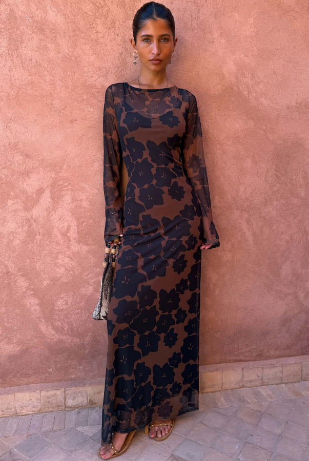 Never Fully Dressed Tan Jaden Floral Mesh Dress
