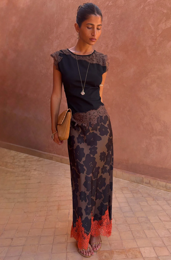 Never Fully Dressed Tan Jaden Floral Midi Meava Skirt