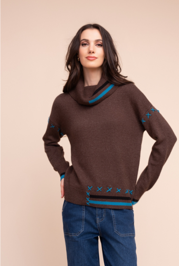 Alison Sheri Cowl Neck Knit Sweater with Contrast Stitch Detail