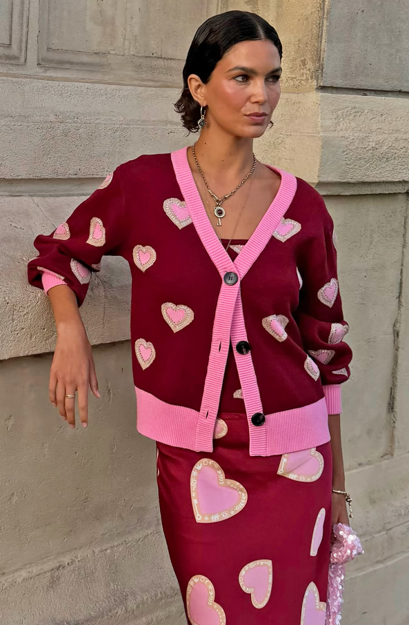 Never Fully Dressed Burgundy Hearts Cardigan
