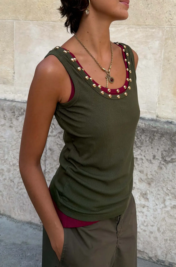 Never Fully Dressed Khaki Studded Rib Vest