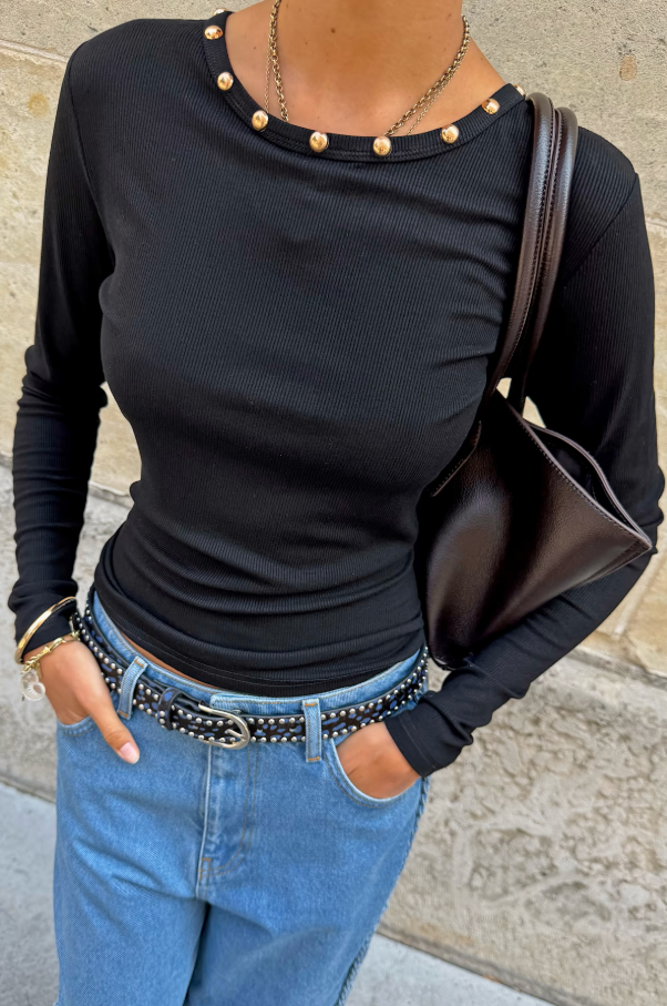 Never Fully Dressed Black Stud Long Sleeve Rib Top