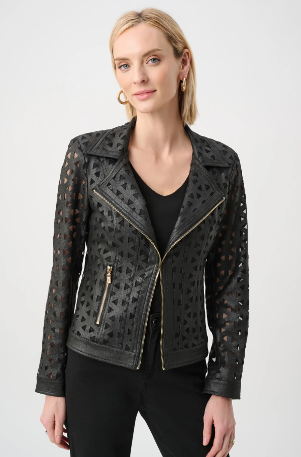 Joseph Ribkoff Foiled Faux Suede And Mesh Moto Jacket