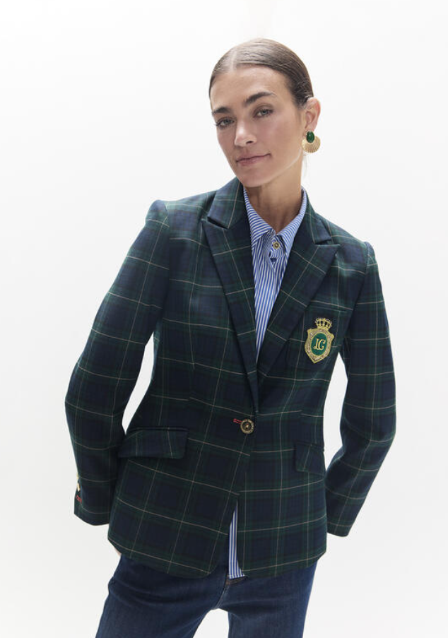 Lola Casademunt Tartan Blazer with Crest – Blue/Green
