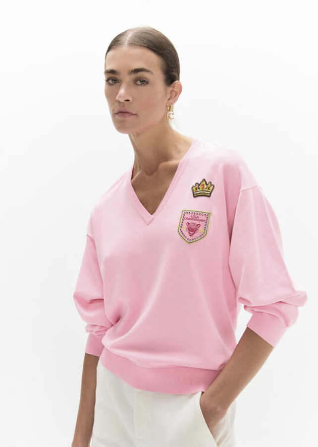 Lola Casademunt V-Neck Jumper with Patches – Pink