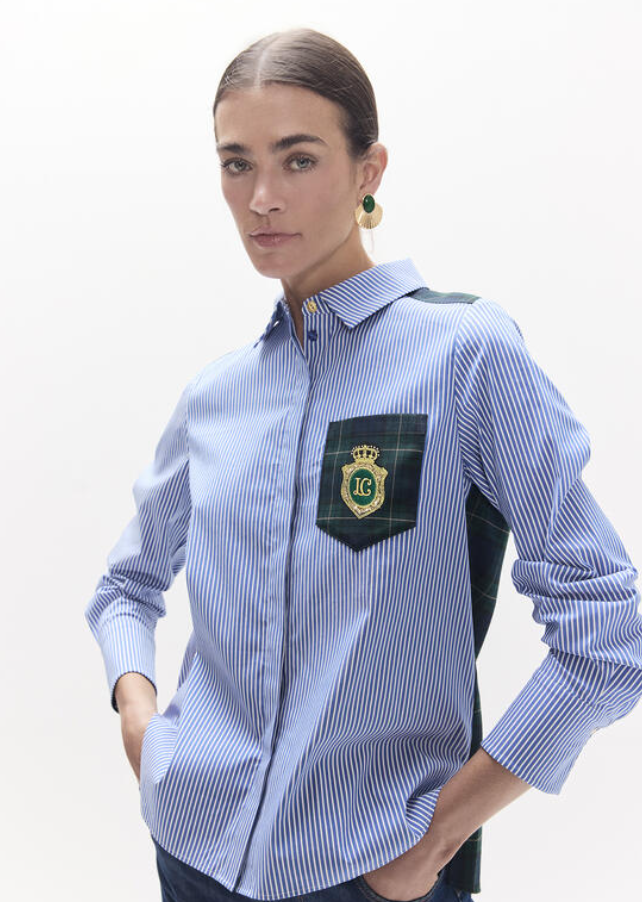 Lola Casademunt Mixed Shirt with Tartan Stripes – Blue/Green