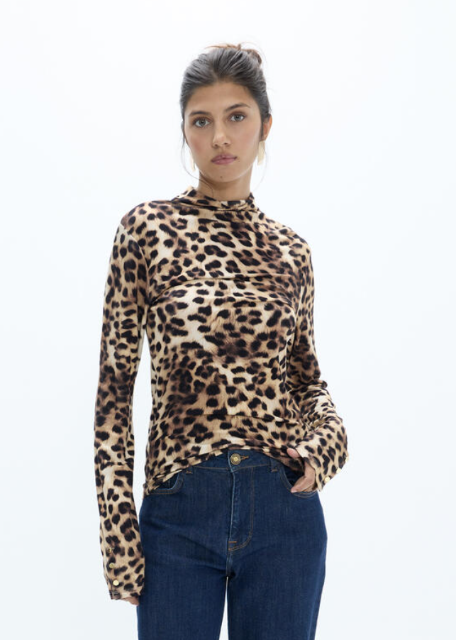 Lola Casademunt Leopard Print High Neck Top with Button Detail