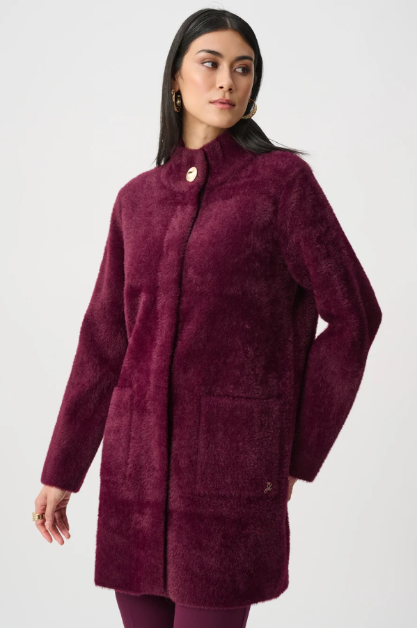 Joseph Ribkoff Elderberry Feather Yarn Mock- Neck Coat