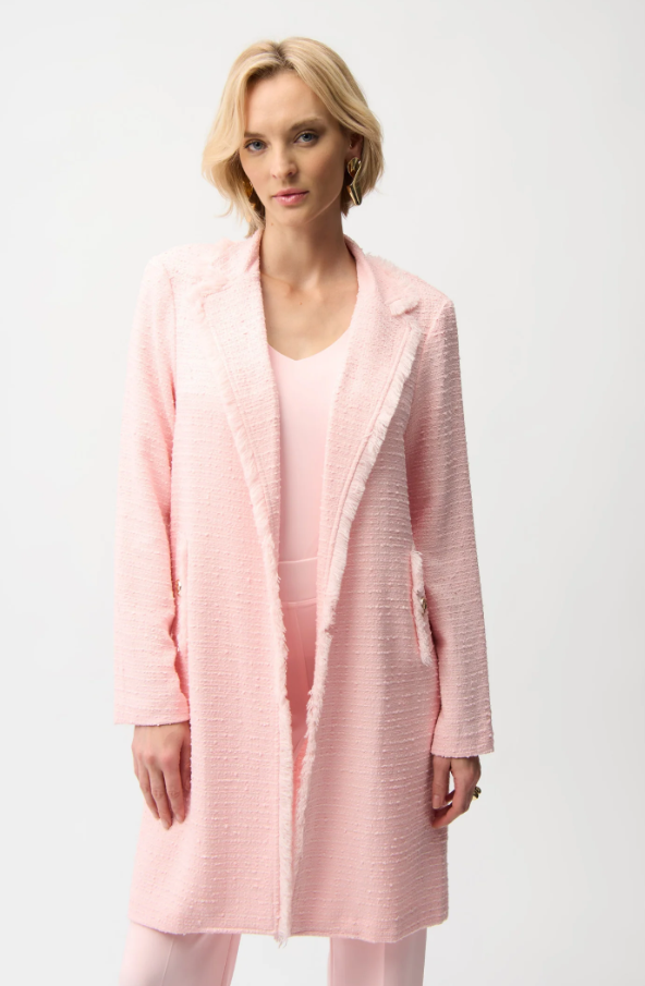 Joseph Ribkoff Boucle Petal Pink Straight Coat with Fringe Detail
